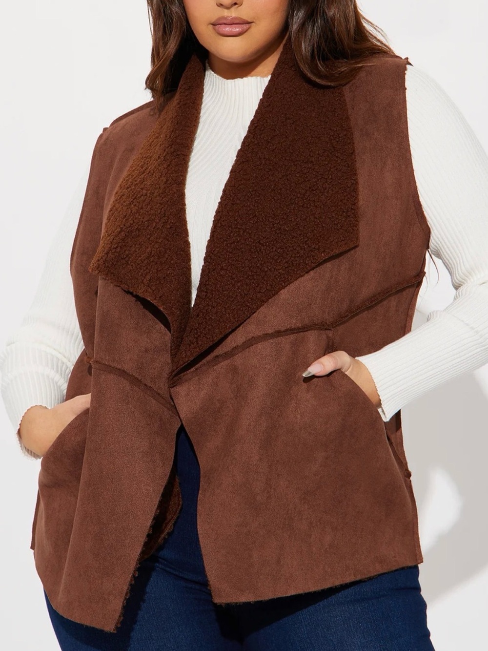 Fashion Nova Brown Faux-Suede Sherpa Vest